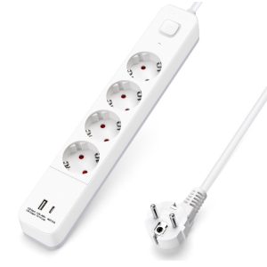 Aigostar 20BW2 - Elosztó USB-vel és kapcsolóval - 4x - 5 méter -2 USB (1 típus A + 1 típus C) - Fehér 